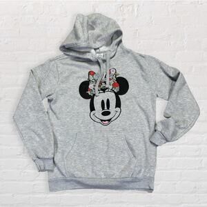 Disney Minnie Mouse Floral Embroidered Sweatshirt Women M Grey Hooded Pullover